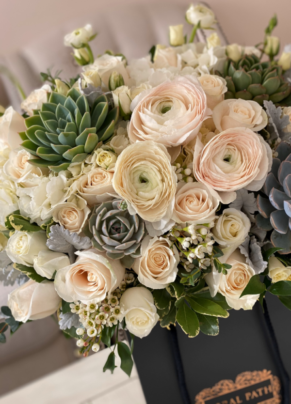 White and green flower arrangement with succulents and ranunculus flowers.
