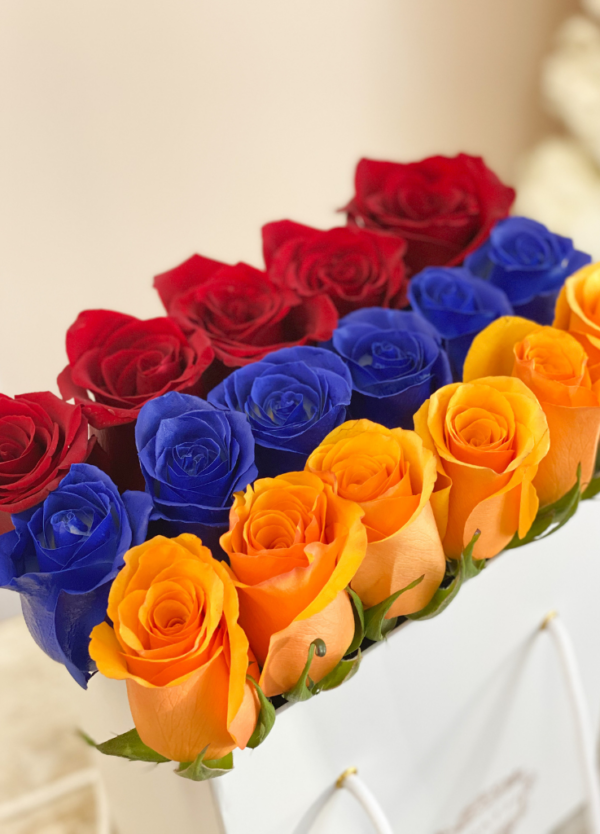 Armenian flag color roses. Red blue orange roses in a box.