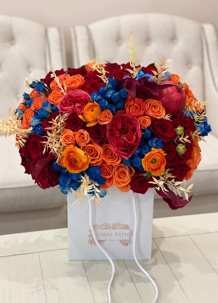 Armenian flag color flowers featuring lovely garden roses and real pomegranate