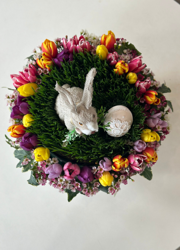 easter flowers with a bunny and wheatgrass